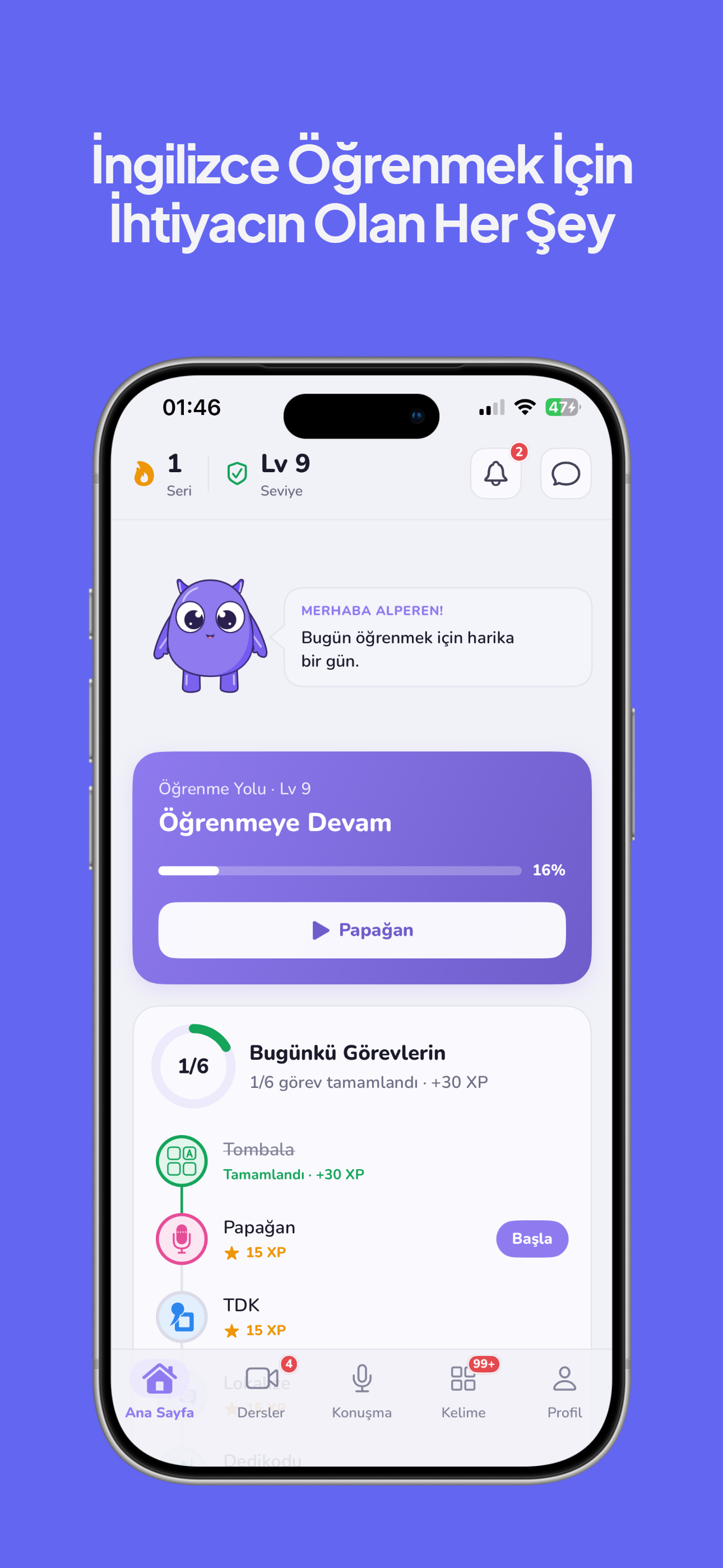LinguMonster ana ekran — öğrenme yolu, günlük görevler, seri ve seviye