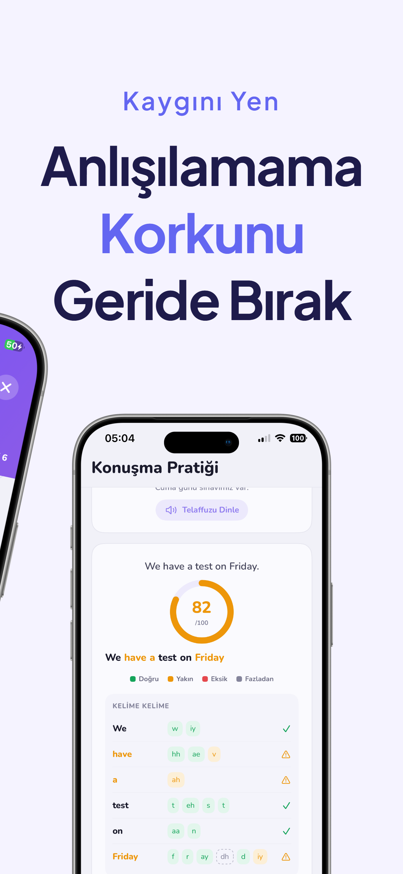 Konuşma pratiği — telaffuz skoru ve kelime kelime analiz